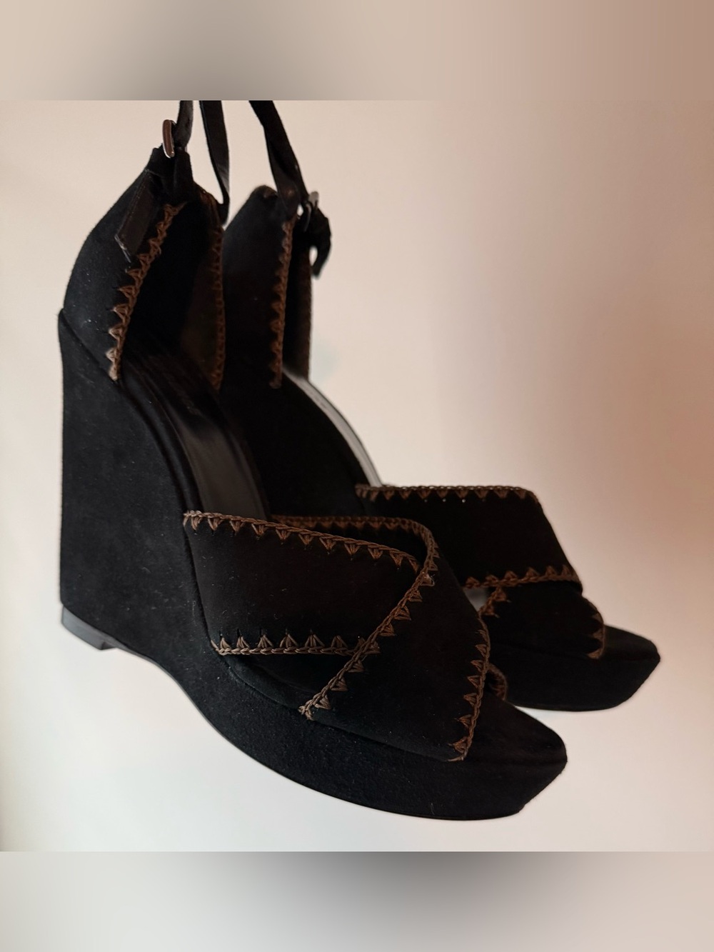 L’AGENCE Black Suede Feel Wedge Sandals with Contrast Tan Stitching Size 40